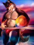  2021 5_fingers anthro ball beach_ball brown_body brown_fur brown_nose bulge canid canine canis clothed clothing eyebrows fingers fur genital_outline hi_res killianwalker looking_at_viewer male mammal multicolored_body multicolored_fur outside partially_submerged penis_outline sea sky slightly_chubby smile solo standing standing_in_water sun sunset swimwear tight_underwear topless two_tone_body two_tone_fur water wolf yellow_eyes 