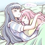  2girls alternate_hairstyle artist_name bed blue_hair closed_eyes cuddling hair_down hand_in_another&#039;s_hair hug long_hair magia_record:_mahou_shoujo_madoka_magica_gaiden mahou_shoujo_madoka_magica multiple_girls nanami_yachiyo pajamas pink_hair sleeping studiozombie tamaki_iroha under_covers yuri 