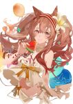  1girl 9degree angelina_(arknights) animal_ears arknights balloon bare_arms bare_shoulders bow brown_hair clownfish cowboy_shot dress eating flower food fox_ears fruit hair_flower hair_ornament hairband highres holding holding_food long_hair looking_at_viewer midriff pocky red_eyes red_hairband ribbon sidelocks simple_background sleeveless sleeveless_dress solo symbol_commentary twintails watermelon white_background white_dress yellow_ribbon 