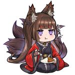  1girl :t amagi_(azur_lane) animal_ears azur_lane bangs blunt_bangs brown_gloves brown_hair commentary_request curry curry_rice eating eyebrows_visible_through_hair eyeshadow fingerless_gloves food fox_ears fox_girl fox_tail gloves holding holding_spoon japanese_clothes kyuubi long_hair looking_at_viewer makeup multiple_tails plate purple_eyes rice sassa_(onion) seiza sidelocks simple_background sitting solo spoon tail thick_eyebrows translation_request white_background wide_sleeves 