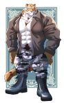  abasirisippo abs anthro boots bottomwear clothed clothing felid footwear fur hi_res jacket male mammal muscular muscular_anthro muscular_male open_clothing open_jacket open_topwear pantherine pecs solo tiger topwear 