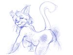  4:3 all_fours anthro blue_and_white domestic_cat felid feline felis female genitals hair hi_res long_hair looking_at_viewer mammal monochrome nyar pussy raised_tail simple_background slightly_chubby solo solo_focus whiskers 