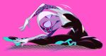  1girl ballet_slippers blue_footwear facing_viewer full_body gwen_stacy hood hood_up hooded_bodysuit looking_at_viewer pink_background print_bodysuit solo spider-gwen spider-man_(series) spider_web_print stretch take_(illustrator) 