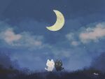  animal_focus ayu_(mog) black_cat blue_sky cat closed_eyes cloud cloudy_sky crescent_moon looking_at_another moon night night_sky no_humans original signature sky smile star_(sky) starry_sky white_cat wide_shot 