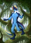  abs anthro coyrin detailed_background digitigrade dragon featureless_crotch forest hi_res male plant rainforest raining teryx teryx_commodore tree 