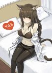  1girl animal_ear_fluff animal_ears arknights arm_support black_bra black_legwear black_panties bra breasts brown_eyes brown_hair cat_ears cat_girl cat_tail cleavage closed_mouth commentary feet_out_of_frame highres large_breasts long_hair looking_at_viewer mars_symbol navel off_shoulder on_bed open_clothes open_shirt panties panties_under_pantyhose pantyhose pillow sentou_kouhei_kitsune shirt sitting skyfire_(arknights) solo tail thighs underwear white_shirt yes yes-no_pillow 