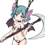  1girl :p antlers aqua_hair blue_hair blush brown_eyes c_(control) choker cosplay demon_girl etna halloween horns looking_at_viewer pointy_ears q_(control) rori_(4chan) scythe short_hair simple_background solo tongue tongue_out white_background wings 