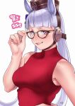  1girl adjusting_eyewear animal_ears bangs blunt_bangs ear_covers glasses gold_ship_(umamusume) grin highres horse_ears horse_girl long_hair nanja pillbox_hat purple_eyes silver_hair sleeveless sleeveless_turtleneck smile solo turtleneck umamusume 