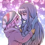  2girls :d artist_name beanie blue_hair blush coat eye_contact hat height_difference hood hooded_jacket jacket long_hair looking_at_another magia_record:_mahou_shoujo_madoka_magica_gaiden mahou_shoujo_madoka_magica multiple_girls nanami_yachiyo open_mouth pink_hair scarf scarf_grab smile studiozombie tamaki_iroha winter_clothes yuri 