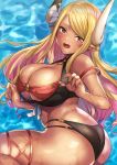  1girl ass bangs bare_shoulders blonde_hair blush bowcan breasts brown_eyes cleavage dark_skin dark_skinned_female draph granblue_fantasy highres horn_ornament horn_ribbon horns kuvira_(granblue_fantasy) large_breasts long_hair looking_at_viewer open_mouth parted_bangs pointy_ears ribbon thighs wet 