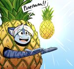  4_fingers aegis_(infinitedge2u) digital_media_(artwork) fingers food fruit fur hair hi_res infinitedge2u open_mouth pineapple plant smile teeth tongue white_hair 