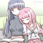  2girls artist_name blue_hair book_on_lap braid couch leaning_on_person leaning_to_the_side long_hair low_ponytail magia_record:_mahou_shoujo_madoka_magica_gaiden mahou_shoujo_madoka_magica multiple_girls nanami_yachiyo pink_hair ribbed_sweater school_uniform serafuku sitting smile studiozombie sweater tamaki_iroha yuri 