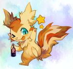  2016 3_toes 4_fingers beer_bottle blue_eyes brown_body brown_fur cute_face extyrannomon_(artist) feet feral fingers fluffy fluffy_ears fluffy_tail fur happy linoone looking_at_viewer male nintendo numa_(ouroporos) pok&eacute;mon pok&eacute;mon_(species) simple_background smile solo star toes video_games wave 