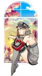  1girl autumn_leaves bangs bismarck_(kancolle) blonde_hair blue_eyes blue_sky blush breasts cloud commentary_request elbow_gloves gloves gradient_sky grey_legwear hair_between_eyes hat hiyoshi_hana iron_cross kantai_collection large_breasts long_hair military military_uniform no_shoes peaked_cap sitting sky sleeveless smile solo thighhighs tree uniform white_background window yellow_sky 