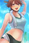  1girl absurdres alternate_costume blue_sky brown_hair cloud commentary_request commission flipped_hair green_buruma green_tank_top grey_eyes hagioshi hairband headgear hiei_(kancolle) highres kantai_collection looking_at_viewer midriff short_hair skeb_commission sky smile solo tank_top upper_body 