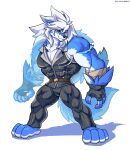  anthro barefoot belt biceps canid canine canis cheong_hwan clothed clothing digital_media_(artwork) feet fingerless_gloves fur gloves hair handwear hi_res male mammal muscular muscular_anthro muscular_male pecs red_eyes simple_background solo wolf wolfmalro 