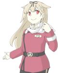  1girl akara_kai badge belt black_belt black_legwear blonde_hair hair_flaps hair_ornament hair_ribbon hairclip jacket kantai_collection long_hair looking_at_viewer red_eyes red_jacket ribbon scarf smile star_trek starfleet_uniform white_background yuudachi_(kancolle) 