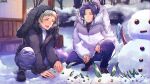  2boys :d animal_hood black_horns blue_hair blue_pants coat copyright_name dairoku_youhei fantasy grey_hair hood horns inuru_yamato long_hair male_focus multiple_boys official_art open_mouth outdoors pants smile snow_bunny snowman squatting torn_clothes winter yellow_eyes 