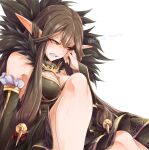  1girl bangs bare_shoulders black_dress blush breasts bridal_gauntlets brown_hair cleavage clenched_teeth dress fate/apocrypha fate_(series) fur_trim gold_trim knee_up large_breasts long_hair looking_to_the_side pointy_ears semiramis_(fate) sidelocks sitting slit_pupils spikes teeth torichamaru very_long_hair yellow_eyes 