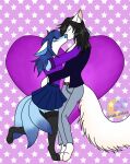  &lt;3 3_tails abstract_background anthro black_hair blouse blue_hair blue_nose bottomwear canid canine clothing domestic_cat duo ears_down embrace eyes_closed felid feline felis fluffy fluffy_tail footwear fox fur girly hair hands_on_hips hands_on_neck holidays jacket kissing legwear long_hair long_sleeves long_tail male male/male mammal multi_tail multicolored_body multicolored_fur nikko_tsukino pants paws pivoted_ears raised_leg romantic_couple shirt sickbitch skirt socks star stockings topwear tsai_the_kitsune valentine&#039;s_day white_body white_fur 