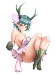  1girl antlers aqua_hair artoise ass breasts c_(control) choker closed_mouth dress feet fur horns legs looking_at_viewer pointy_ears q_(control) short_hair simple_background solo white_background yellow_eyes 