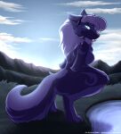  anthro black_nose blep blue_eyes breasts canid canine canis crouching day detailed_background digital_media_(artwork) female fluffy fur grass hair hi_res infinitedge2u looking_back mammal nude outside plant purple_body purple_fur purple_hair sky solo tongue tongue_out water wolf 