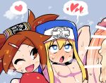  1boy 1girl ;d ahegao arms_behind_head arms_up blonde_hair blue_eyes blush blush_stickers breasts bridget_(guilty_gear) brown_eyes brown_hair clothed_female_nude_male fucked_silly full-face_blush futa_with_male futanari guilty_gear habit hair_ornament hairclip heart heart-shaped_pupils implied_sex kuradoberi_jam large_breasts large_penis long_hair looking_at_another multiple_penises nipples nude one_eye_closed open_mouth pectorals penis rariatto_(ganguri) rolling_eyes sidelocks smile spoken_heart sweat symbol-shaped_pupils tin_can 