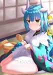  1girl 966982 absurdres alternate_costume alternate_hairstyle apron aqua_hair aqua_kimono benienma_(fate) benienma_(fate)_(cosplay) cosplay dragon_girl dragon_horns fate/grand_order fate_(series) feather_trim highres holding holding_spoon horns japanese_clothes kimono kiyohime_(fate) low_ponytail multiple_horns ohitsu rice_spoon sitting solo spoon white_apron wide_sleeves wooden_spoon yellow_eyes 