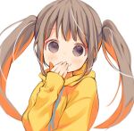  1girl blurry blurry_background blush brown_hair closed_mouth covering_mouth depth_of_field eyeshadow grey_eyes hand_over_own_mouth hand_up hood hood_down hoodie kuga_tsukasa long_hair looking_at_viewer makeup multicolored_hair orange_hair original simple_background smile solo twintails two-tone_hair upper_body white_background yellow_hoodie 
