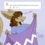  2018 5_fingers anthro ask_blog breasts brown_hair canid canine clothed clothing dialogue english_text eyes_closed eyewear female fennec fingers fox fur glasses hair hi_res long_hair mammal maya_(nightfaux) nightfaux open_mouth signature solo tan_body tan_fur text trans_(lore) trans_woman_(lore) 