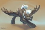  2021 3:2 ass_up black_body black_feathers black_fur black_wings chest_tuft cutie_mark english_text equid equine eyes_closed feathered_wings feathers feral friendship_is_magic fur hasbro hi_res hooves jedayskayvoker male mammal mane my_little_pony pegasus quadruped signature simple_background smile solo spread_wings stretching text thunderlane_(mlp) tuft white_mane white_tail wings 
