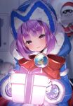  1girl absurdres blue_coat blue_dress blue_footwear blue_gloves blue_headwear blush bow breasts coat dress fate/extella fate/extra fate/grand_order fate/grand_order_arcade fate_(series) fur-trimmed_coat fur-trimmed_dress fur_trim gloves hat helena_blavatsky_(christmas)_(fate) helena_blavatsky_(fate) highres large_bow long_sleeves looking_at_viewer open_mouth pantyhose purple_eyes purple_hair red_bow sack short_hair sitting small_breasts smile suzuho_hotaru 