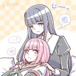  2girls ? artist_name blue_hair blush braid hands_on_another&#039;s_shoulders heart leaning_on_person long_hair low_ponytail magia_record:_mahou_shoujo_madoka_magica_gaiden mahou_shoujo_madoka_magica multiple_girls nanami_yachiyo pink_hair smile studiozombie tamaki_iroha yuri 