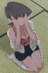  1girl bangs black_eyes black_hair black_skirt breasts cleavage closed_mouth collarbone collared_shirt commentary_request covering_eyes eyebrows_visible_through_hair full_body highres indoors komi-san_wa_komyushou_desu komi_shuuko looking_at_viewer loose_socks medium_breasts miniskirt off_shoulder open_clothes open_shirt peeking_through_fingers pleated_skirt shirt sitting skirt solo takita_(takita3411) tatami wariza white_legwear white_shirt 