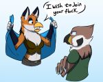  4_fingers anthro avian beak breasts canid canine clothed clothing digital_media_(artwork) duo female fingers fox fur infinitedge2u male mammal orange_body orange_fur 