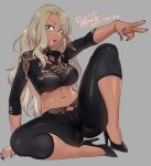  1girl 2021 :o agawa_ryou arm_up armpit_peek artist_name blonde_hair blue_eyes breasts cameltoe curvy dark_skin dark_skinned_female dated eyebrows_visible_through_hair grey_background high_heels knee_up large_breasts long_hair long_sleeves looking_at_viewer medium_hair nail_polish navel original plump purple_nails signature simple_background sitting smile solo spread_legs thick_thighs thighs v 