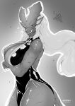  2021 absurd_res agitype01 anthro arm_under_breasts asian_clothing big_breasts breasts butt capcom chinese_clothing chinese_dress claws cleavage clothed clothing curvy_figure dress east_asian_clothing elder_dragon fangs female finger_claws greyscale hair hi_res horn long_hair looking_at_viewer monochrome monster_hunter pupils sharp_teeth simple_background slit_pupils solo standing teeth teostra video_games 