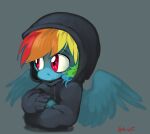  2014 8-xenon-8 ambiguous_gender anthro blue_body blush clothing equid equine feathered_wings feathers friendship_is_magic grey_background hair hoodie looking_aside mammal multicolored_hair my_little_pony pegasus rainbow_dash_(mlp) red_eyes simple_background solo topwear wings 