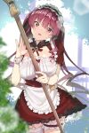  1girl absurdres apron bangs blush breasts broom hair_ribbon heterochromia highres hololive houshou_marine koubou_(cowbow_kun) long_hair looking_at_viewer maid maid_headdress red_eyes red_hair ribbon smile solo twintails virtual_youtuber yellow_eyes 