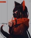  1girl animal_ears bangs black_hair colored_inner_hair extra_ears finger_to_mouth fox_ears fox_tail high_collar jacket looking_at_viewer mask mouth_mask multicolored_hair nagishiro_mito orange_eyes original profile short_hair solo streaked_hair tail upper_body 
