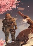  1boy atlas_(titanfall) backpack bag cherry_blossoms clenched_hands cloud from_behind gun mecha on_mecha science_fiction sky standing tajima_(minagawa) titanfall titanfall_(series) weapon 