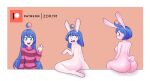  2021 5_fingers anthro big_butt blue_hair blush breasts buckteeth butt clothing embarrassed female fingers green_eyes growth hair hi_res human human_to_anthro itzu_(zorym) lagomorph leporid long_hair looking_at_viewer looking_back looking_back_at_viewer male mammal nipples nude patreon pattern_clothing pattern_shirt pattern_topwear rabbit sequence shirt short_hair simple_background smile solo species_transformation striped_clothing striped_shirt striped_topwear stripes surprise tail_growth teeth topwear transformation white_body zorym 