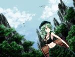  1girl abs bird bra camouflage camouflage_headwear camouflage_skirt flat_cap forest green_headwear green_skirt hat highres key nature skirt sky sunyup touhou underwear yamashiro_takane 