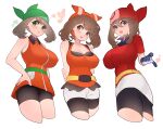  alternate_breast_size bandana bike_shorts blue_eyes bow breasts brown_hair cleavage covered_nipples cropped_legs gloves green_eyes green_headwear grey_eyes hair_bow highres large_breasts looking_at_viewer may_(pokemon) multiple_persona pokemon pokemon_(game) pokemon_emerald pokemon_oras pokemon_rse red_headwear short_shorts shorts sleeveless smile sumisumii 