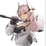  1girl arknights bangs bare_shoulders black_choker breasts chinese_commentary choker collarbone commentary_request dabaijiang_memeda eyebrows_visible_through_hair gloves grey_gloves hair_between_eyes hammer holding holding_hammer holding_weapon horns large_breasts long_hair looking_at_viewer mudrock_(arknights) off_shoulder over_shoulder parted_lips pointy_ears red_eyes silver_hair simple_background smile solo upper_body weapon weapon_over_shoulder white_background 