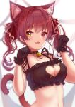  1girl animal_ears bangs blush breasts cat_cutout cat_ears cat_lingerie cleavage_cutout clothing_cutout heterochromia highres hololive houshou_marine long_hair looking_at_viewer meme_attire mihanada_kanata navel paw_pose red_eyes red_hair ribbon smile solo twintails underwear virtual_youtuber yellow_eyes 