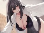  1girl all_fours bangs black_bra black_skirt blush bra breasts brown_eyes brown_hair cleavage collarbone collared_shirt dress_shirt girl_on_top hayabusa large_breasts licking_lips long_hair long_sleeves looking_at_viewer open_clothes open_shirt original perspective shirt skirt smile tongue tongue_out underwear white_shirt 