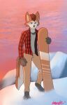  absurd_res anthro blue_eyes brown_body brown_fur brown_hair canid chief clothing fluffy fluffy_tail fur hair hi_res iwondery male mammal mountain pattern_clothing plaid plaid_clothing snow snowboard snowboarding solo sunset 