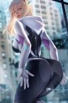  1girl against_glass ass ass_on_glass bangs blonde_hair blue_eyes blurry blurry_background bodysuit breasts city day from_behind gwen_stacy hood hood_down hooded_bodysuit lips long_hair looking_at_viewer looking_back marvel medium_breasts olchas parted_lips short_hair solo spider-gwen spider-man_(series) spider_web_print 