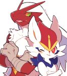  1boy 1girl alternate_eye_color animal_ears animal_nose artist_name beak bird_boy blaziken blue_fur blush body_fur bunny_ears cinderace collarbone colored_sclera commentary crossed_arms flat_chest furry gacho_(220_vvv) gen_3_pokemon gen_8_pokemon green_eyes long_hair looking_at_another looking_at_viewer looking_down looking_to_the_side one_eye_closed open_mouth paws pectorals pokemon pokemon_(creature) rabbit_girl red_eyes red_fur red_hair short_hair signature simple_background standing symbol_commentary toned toned_male upper_body white_background white_fur white_hair yellow_fur yellow_sclera 